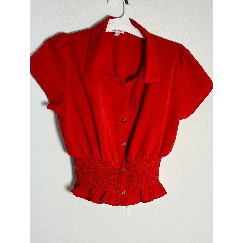 Persaya Womens Red Smocked Waist Button Down Blouse Short Sleeve Crop Top Size M